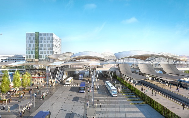 UGC Transport Hub, showing train lines alongside bus and tram stops. CGI.